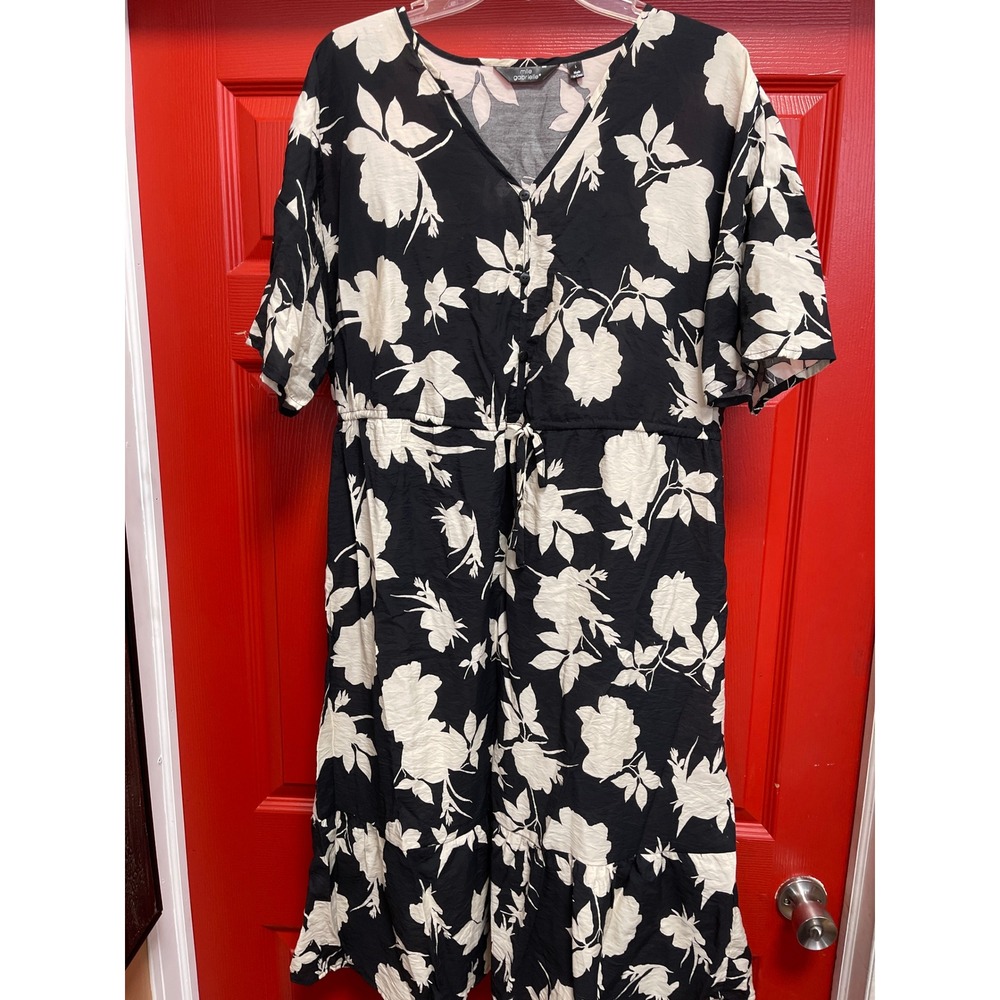 Mlle Gabrielle Floral Midi Dress Black White V-Neck Drawstring Waist Large